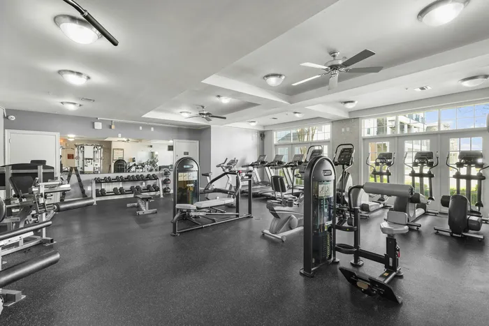 Spacious and well-equipped fitness center with state-of-the-art gym equipment and bright natural lighting.