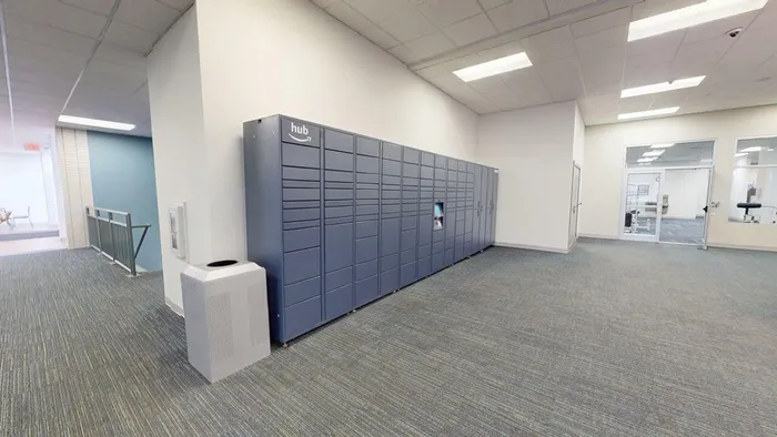 Modern communal area featuring sleek Amazon hub lockers, perfect for secure package storage and delivery convenience.