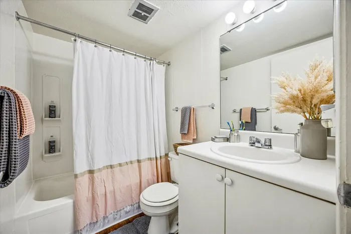 Bright, modern bathroom with elegant vanity, large mirror, and stylish shower curtain; perfect for relaxation.