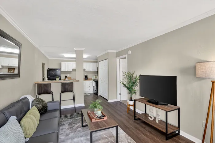 Contemporary apartment living room with cozy seating, sleek hardwood floors, and an inviting kitchen bar.