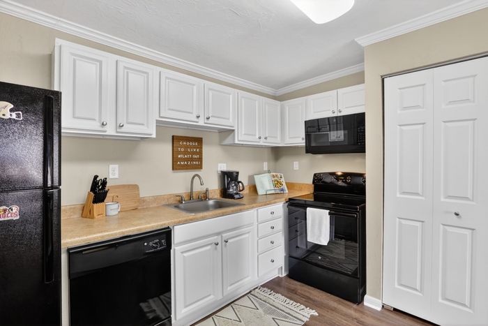 Charming kitchen with modern appliances, white cabinetry, and cozy decor, offering a welcoming and functional culinary space.