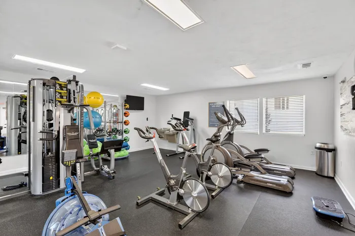 Modern fitness room equipped with state-of-the-art exercise machines, vibrant workout equipment, and large windows for natural light.