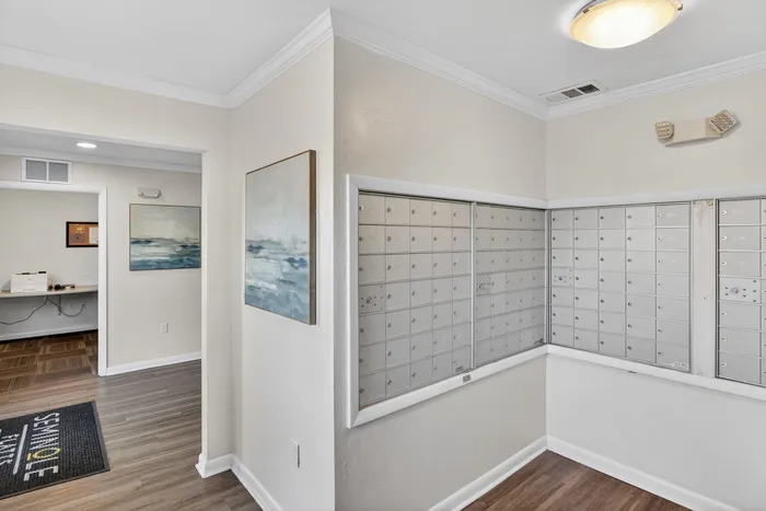Bright and welcoming apartment lobby area featuring convenient mailboxes, modern flooring, and calming artwork.