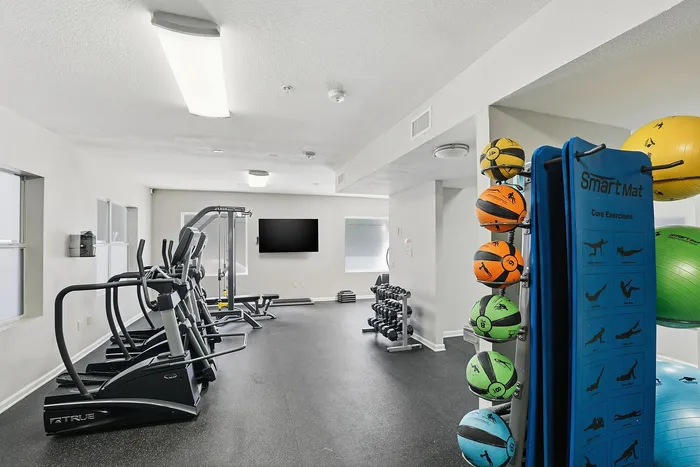 Modern fitness center featuring state-of-the-art exercise equipment, colorful medicine balls, and a sleek, spacious design for an energizing workout experience.