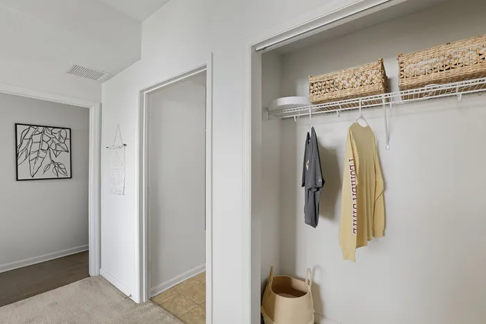 Chic and organized closet space with stylish woven baskets and cozy garments, adjacent to a modern hallway featuring elegant wall art and soft lighting.