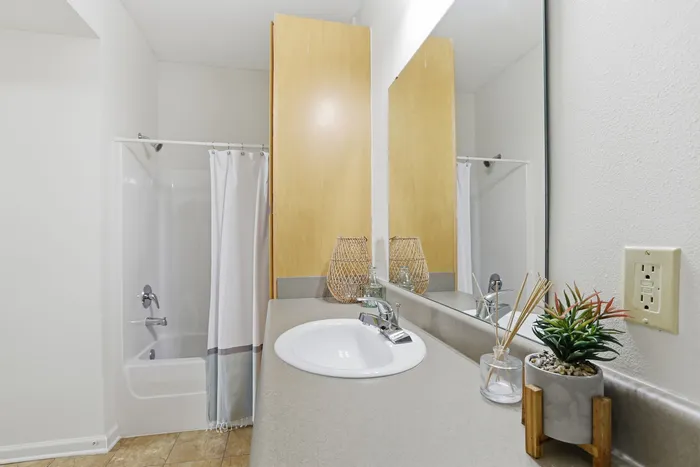 Modern bathroom with elegant design featuring a spacious counter, stylish sink, and decorative accents. The shower area is enclosed with a pristine white curtain, providing a refreshing and serene atmosphere.