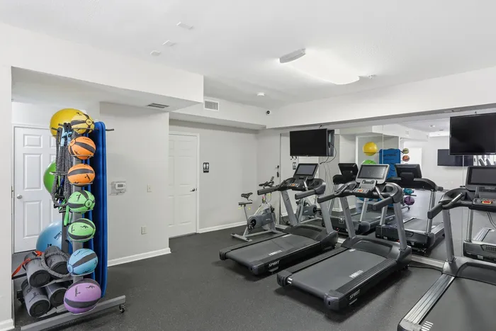 Modern fitness center with sleek treadmills, vibrant exercise balls, and a mirrored wall for a dynamic workout experience.