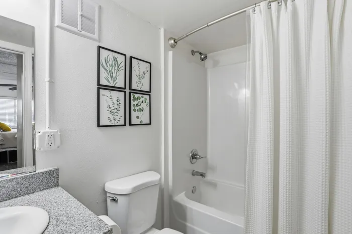 Bright bathroom with modern granite countertop, elegant white shower curtain, and chic botanical wall art.