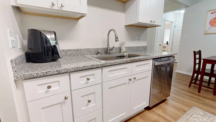 Modern kitchen featuring sleek granite countertops, stainless steel dishwasher, and elegant cabinetry.