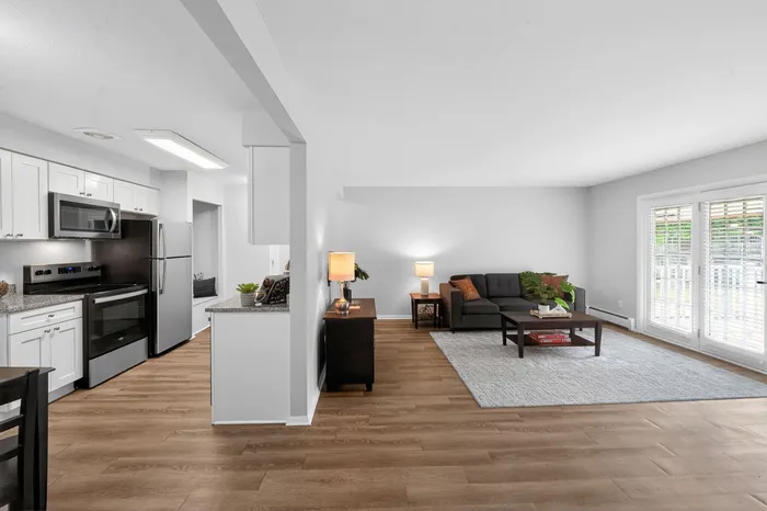 Elegant open-concept living room and kitchen with sleek appliances, modern decor, and abundant natural light.