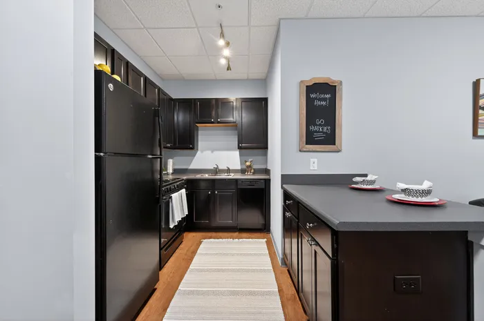 Modern kitchen with sleek dark cabinets, smooth countertops, and inviting breakfast bar, perfect for home chefs.