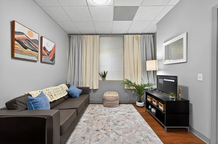 Contemporary living room with stylish d&eacute;cor, featuring a sleek sofa, artistic wall paintings, and a cozy ambiance accentuated by warm lighting and potted plants.