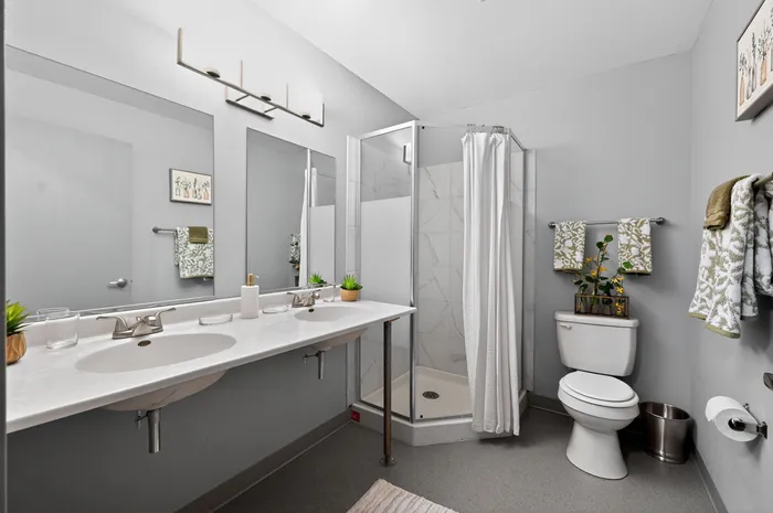 Modern bathroom featuring a sleek countertop with dual sinks, a glass-enclosed shower, and elegant decorative elements.