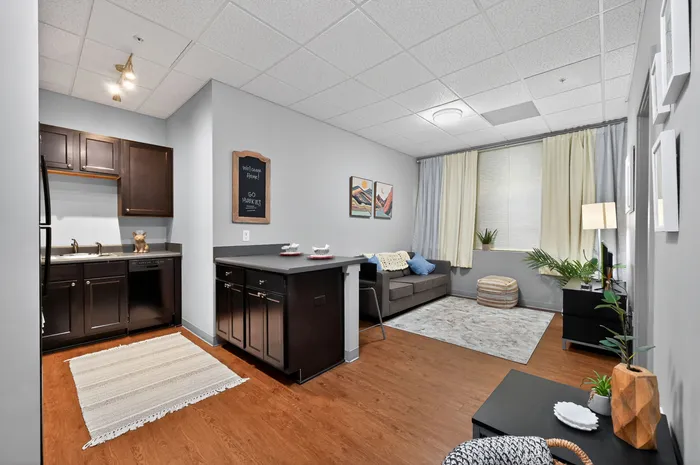 Modern open-plan living space featuring a cozy kitchen with dark wood cabinets, a stylish lounge area with a comfortable sofa, and elegant decor that invites relaxation.