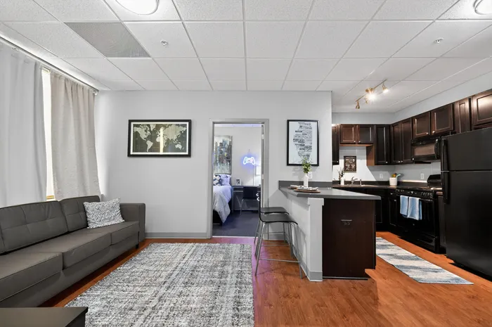 Contemporary open-plan apartment featuring a cozy living area, stylish kitchen with dark cabinetry, and a welcoming bedroom visible through the doorway.