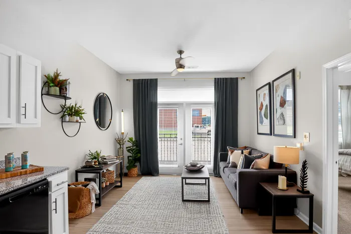 Bright and inviting living room with modern decor, featuring a cozy gray sofa, stylish wall art, and elegant black shelving with plants, complemented by a soft area rug and natural light streaming through large patio doors.