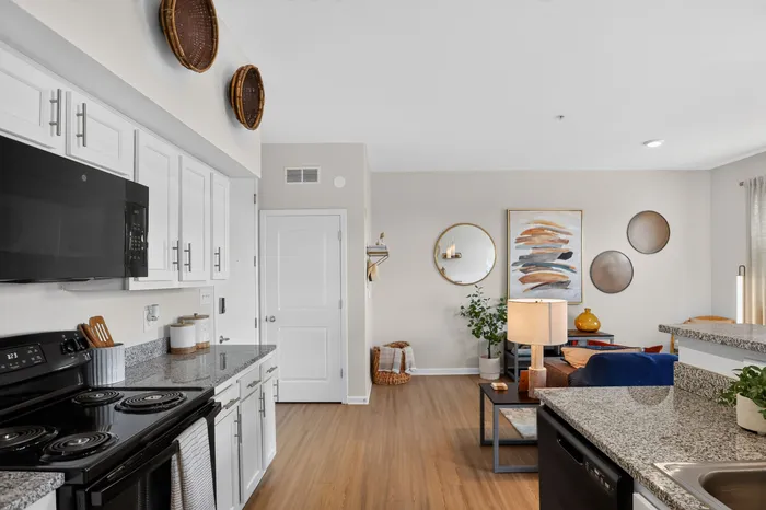 Modern open-concept kitchen and living area featuring stylish decor, granite countertops, and warm wood flooring, ideal for cozy living.