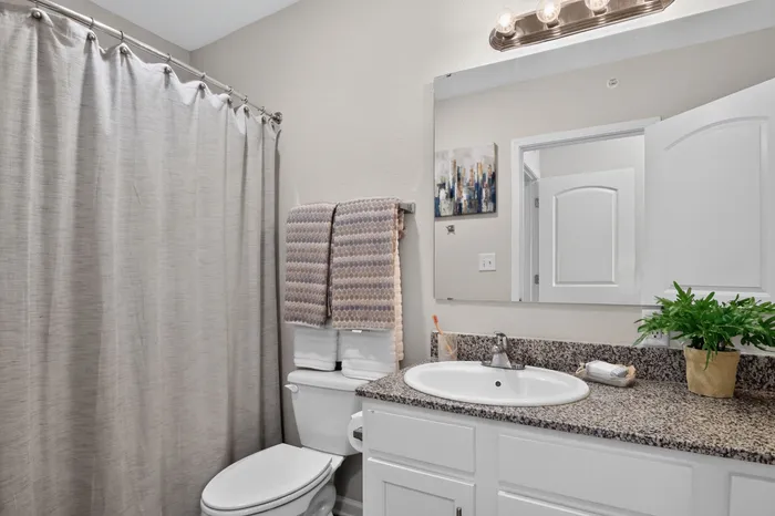 Elegant bathroom featuring a granite countertop, stylish sink, and modern fixtures with a plush fabric shower curtain.