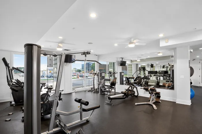 Modern fitness center with state-of-the-art gym equipment and large windows providing natural light.