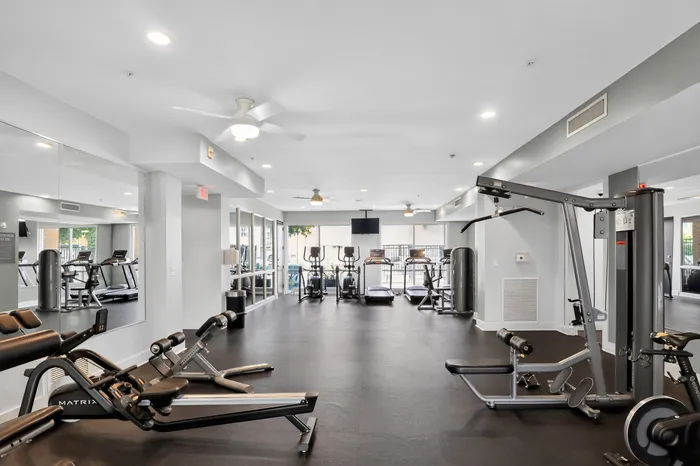 Modern and spacious fitness center featuring state-of-the-art gym equipment, ample natural light, and a sleek design.