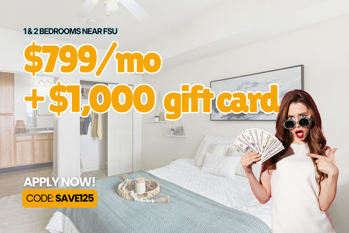 Inviting bedroom with modern decor; special offer: $799/mo plus $1,000 gift card. Apply now with code SAVE125 for 1 & 2 bedrooms near FSU.