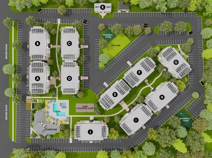 Vibrant apartment complex layout featuring multiple residential buildings, a clubhouse, pool, sand volleyball court, dog park, and basketball court, surrounded by lush greenery and ample parking facilities.