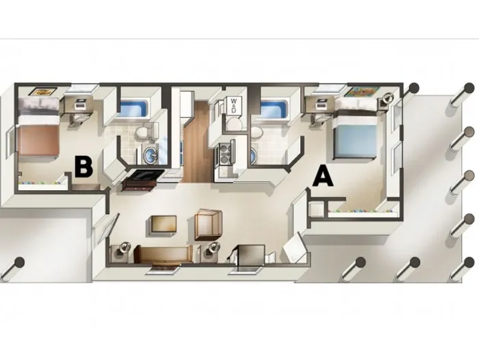 B1 Floor Plan | 2 Bedroom Floor Plan | The Quarters | Student Housing In Lafayette LA