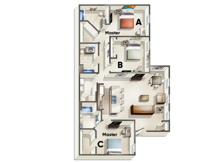 C2 Floor Plan | 3 Bdrm Floor Plan | The Quarters | Lafayette University Apartments for Rent