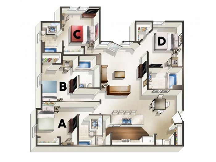 D1 3D Tour| 4 Bedroom Floor Plan | The Quarters | Lafayette LA Student Apartments