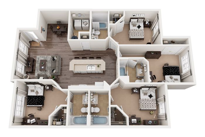 Modern 3D floor plan showcasing 3 cozy bedrooms, open-concept living and dining area, spacious kitchen with island, and two well-appointed bathrooms.