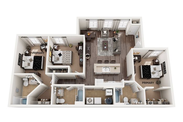 Modern 3D floor plan showcasing two spacious bedrooms labeled 'Primary', open living and dining areas, sleek kitchen with island, and two well-appointed bathrooms.