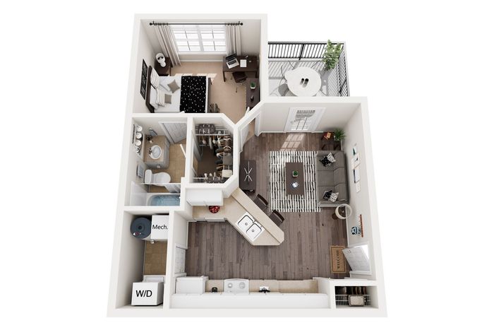 Chic apartment floor plan featuring a cozy bedroom, modern kitchen with island, inviting living area, and spacious balcony.
