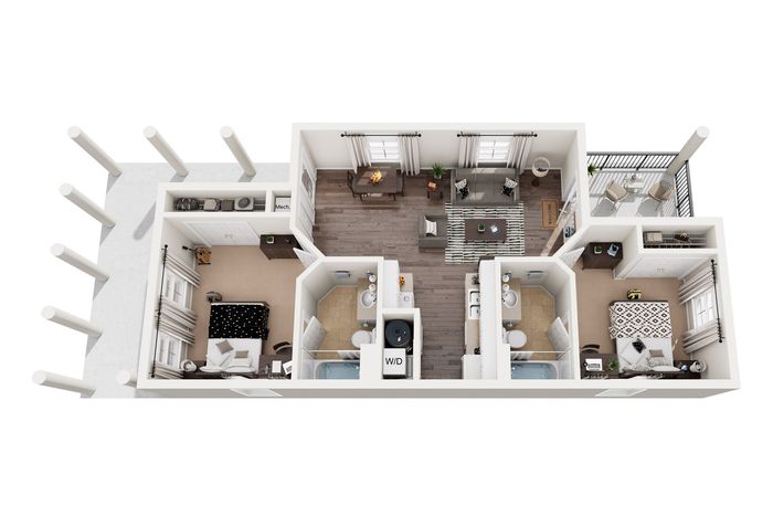 Modern 2D apartment floor plan showcasing 2 cozy bedrooms, a spacious open-plan living and dining area, elegant bathrooms, and a charming balcony with seating.