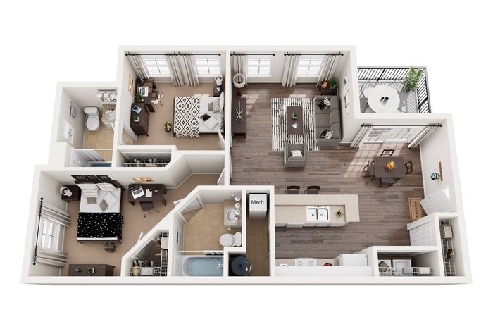 Contemporary 3D floor plan showcasing a bright open-concept living room, two cozy bedrooms, and a modern kitchen with adjacent dining area. Elegant design with two bathrooms, a private balcony, and ample storage space.