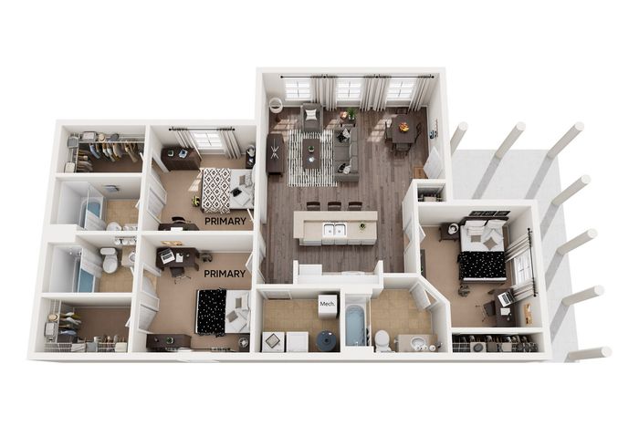 Modern 3D floor plan showcasing two primary bedrooms, a stylish open-concept living space, and a contemporary kitchen.