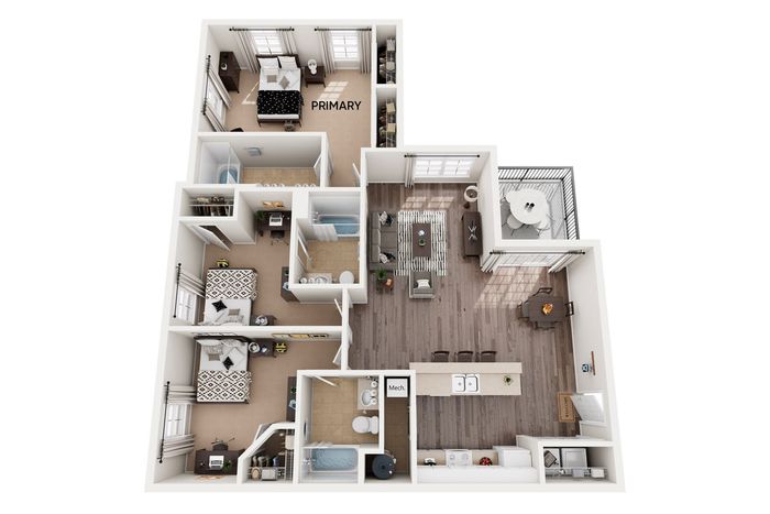 Luxurious floor plan showcasing a spacious 3-bedroom layout with open-concept living and dining area, modern kitchen, and private balcony space.