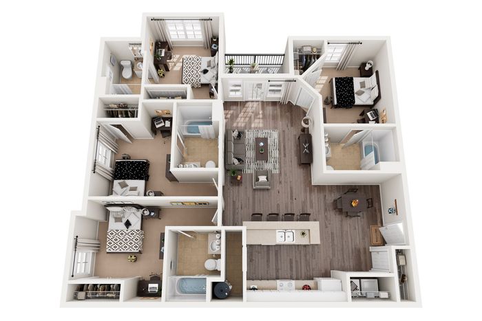 Elegant 3D floor plan showcasing 3 bedrooms, a bright open-concept living area, and a modern kitchen with an island and seating area.
