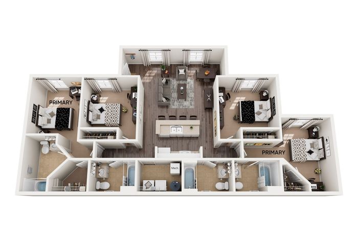 Modern 3D floor plan showcasing three spacious bedrooms, an open-concept living and dining area, and a sleek kitchen, designed for comfort and style.