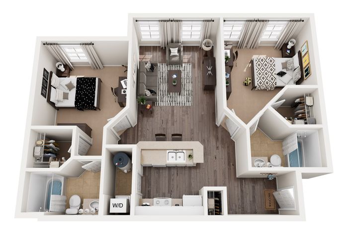 Modern 3D floor plan showcasing two bedrooms, a cozy living area, and an inviting kitchen with a breakfast bar. Includes two bathrooms and convenient in-unit laundry.