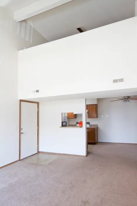 Open layout with carpeted flooring, ceiling fan, kitchen passthrough window, and tall white walls leading to a second floor.