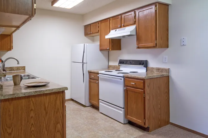 Traditional kitchen design featuring oak cabinets, white stove, and refrigerator, along with stone-look countertops and vinyl flooring.