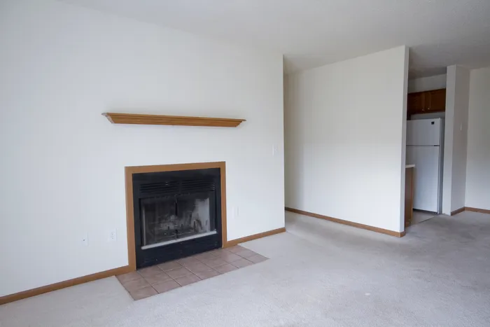 Empty room with white walls, featuring a black fireplace and wooden mantel. Beige carpet covers the floor, creating a neutral, calm atmosphere.