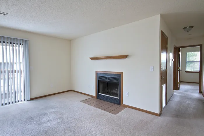 Empty living room with neutral walls and carpet, featuring a simple, unused fireplace with a wooden mantle. The space feels bright and minimalist.