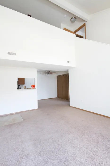 A spacious, empty room with white walls and beige carpet. An open kitchen with visible bar counter is on the left, creating a clean, minimalist feel.