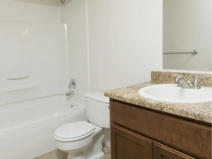Modern bathroom with a white bathtub and shower combination, granite-style countertop, wood cabinetry, and neutral walls, providing a clean and functional space in an apartment.