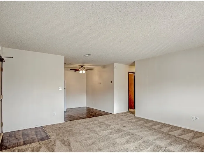 Open living space with textured carpeting, neutral walls, and a transition to hardwood-style flooring, featuring a ceiling fan with light fixture and access to the kitchen and entryway in a well-designed apartment.