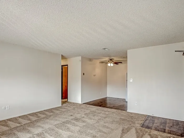 Spacious living area with textured carpeting, neutral walls, and a transition to hardwood-style flooring, featuring a ceiling fan with light fixture and an open layout leading to the kitchen and entryway in a modern apartment.