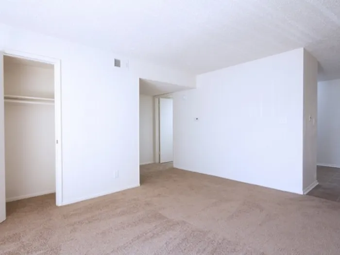 Empty room with white walls and beige carpet, featuring open doorways leading to a closet and hallway. Simple, bright, and minimalist atmosphere.