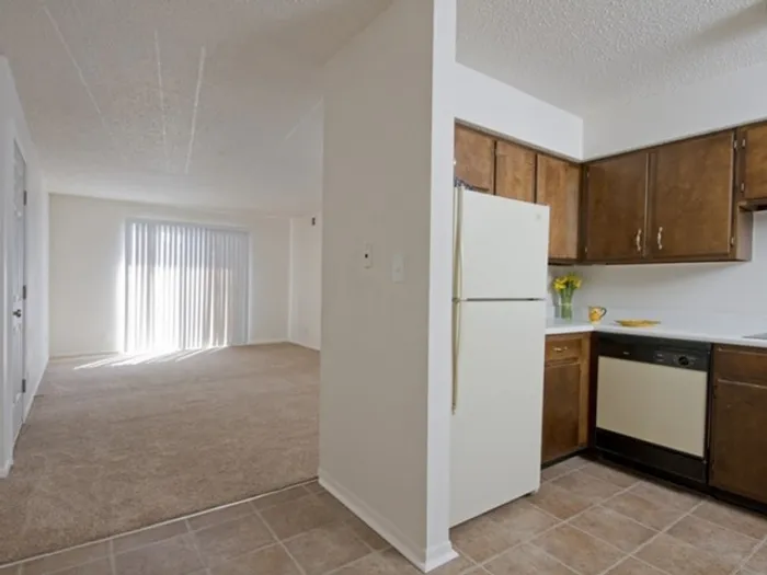 A bright, empty apartment with an open layout. A kitchen with wood cabinets and white appliances is on the right, leading to a carpeted living area with large windows.