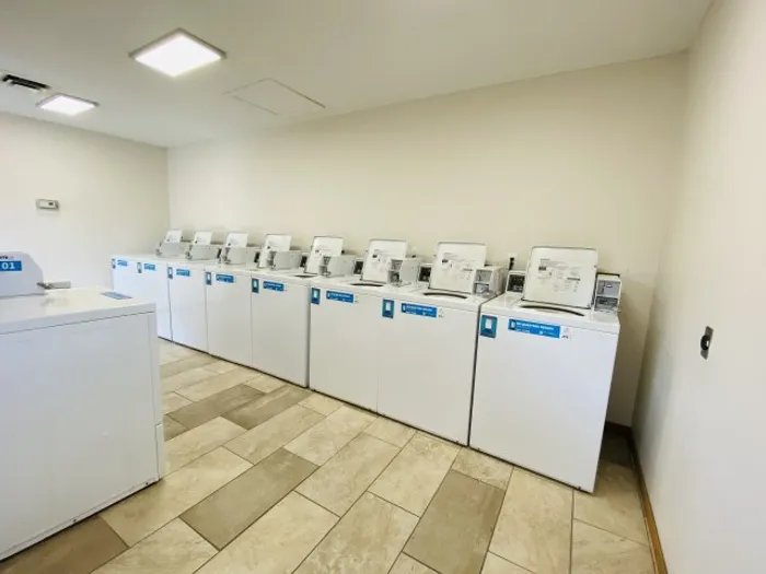 Spacious laundry room featuring a long row of white commercial-grade washers under bright ceiling lights.